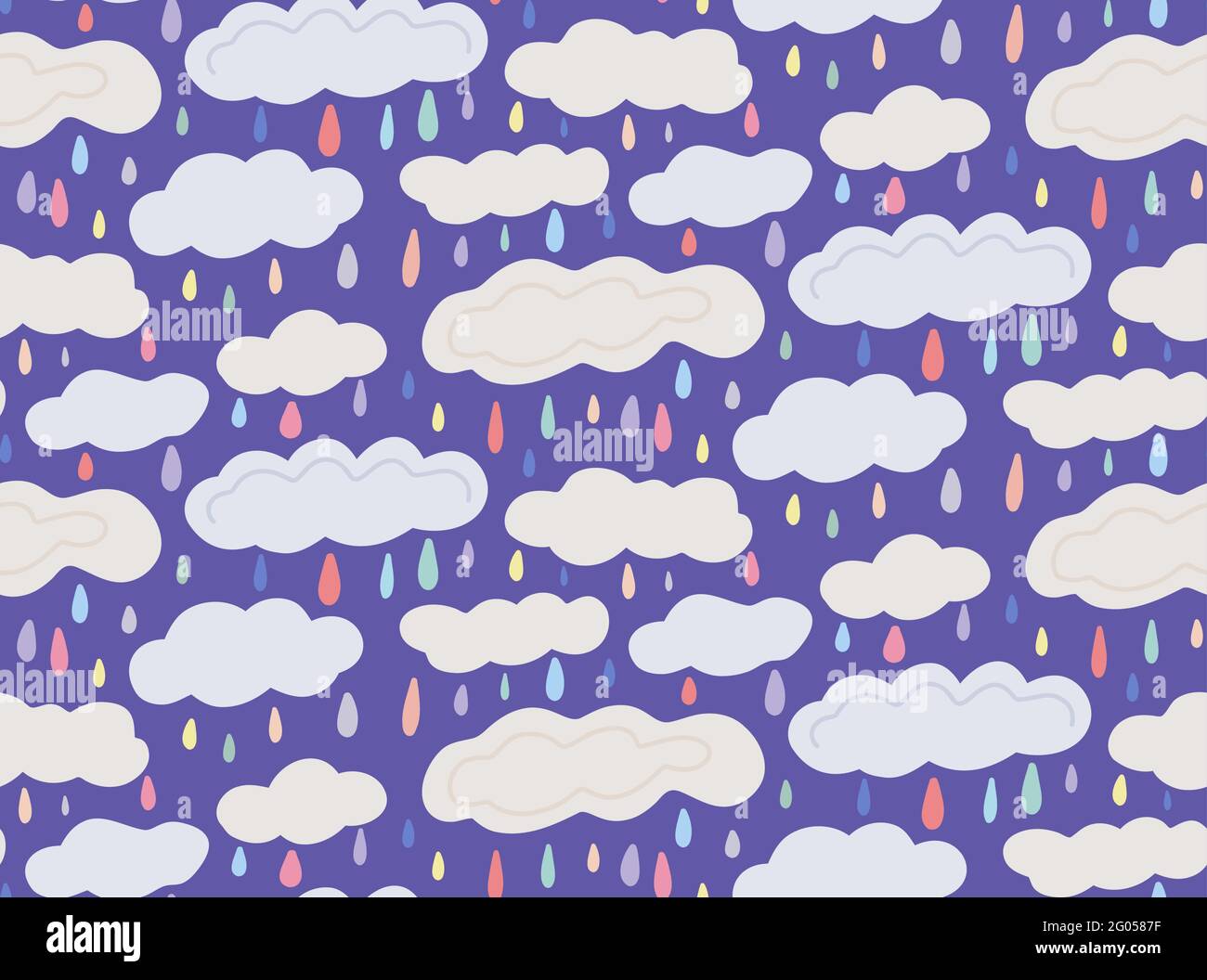 Carino modello infantile con gocce colorate e nuvole su sfondo viola. Texture vettoriale naturale con colore pioggia. Carta da parati dolce piovosa e cielo nuvoloso. Illustrazione Vettoriale