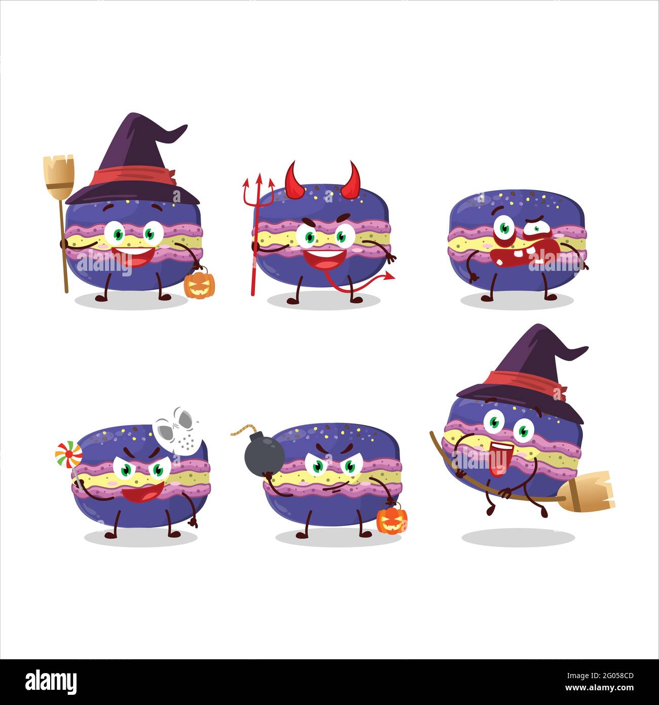 Emoticon espressione di Halloween con cartoon carattere di uva macaron. Illustrazione vettoriale Illustrazione Vettoriale