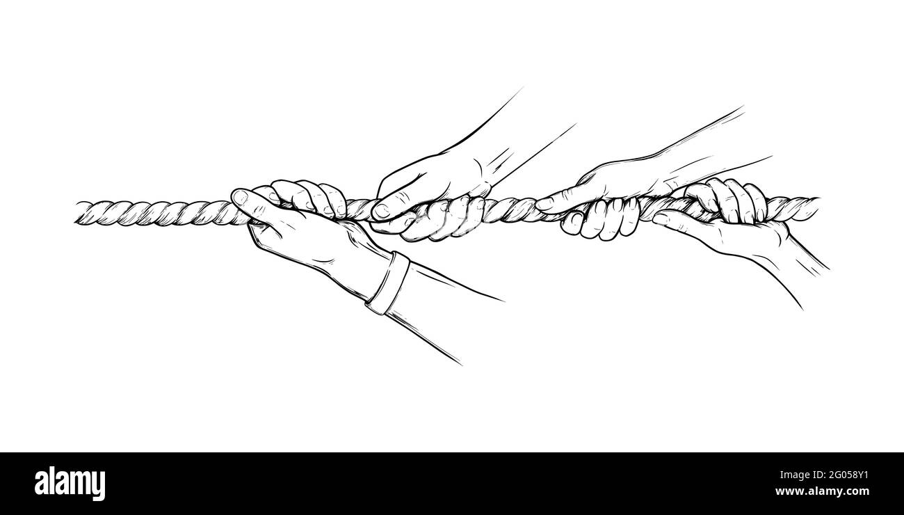 Gara di guerra del rimorchiatore con corda. Mani che tirano la corda insieme, concetto di lavoro di squadra. Illustrazione vettoriale disegnata a mano dello schizzo isolata su sfondo bianco Illustrazione Vettoriale