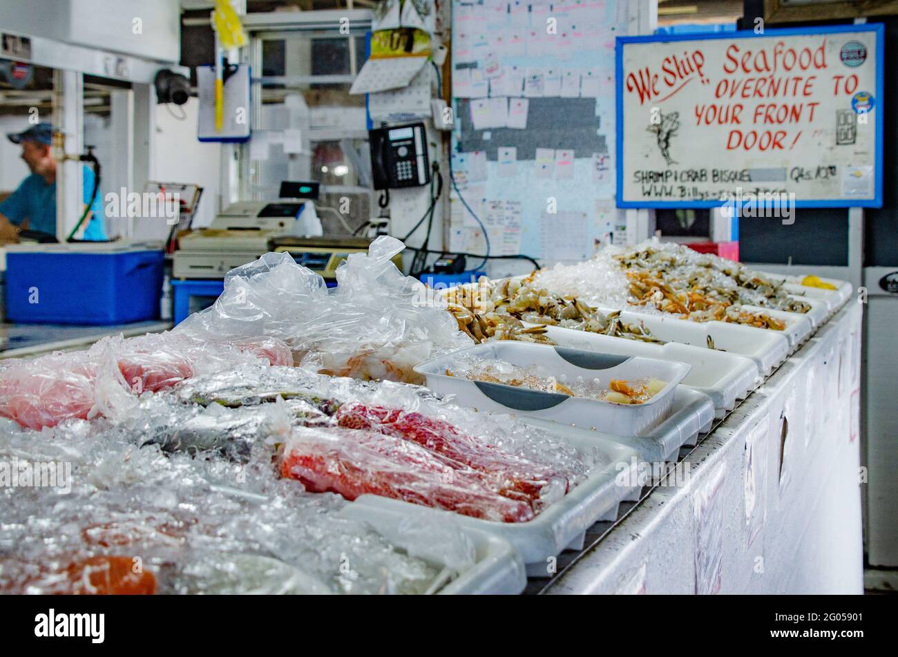 Gamberi e pesci freschi sono esposti sul ghiaccio al Billy’s Seafood sul fiume Bon Secour, 27 maggio 2021, a Bon Secour, Alabama. Foto Stock