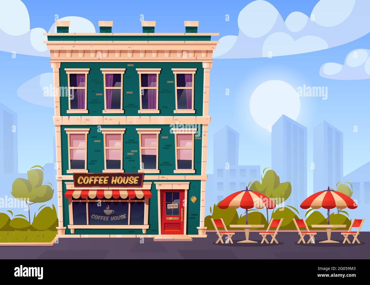 Caffetteria con terrazza all'aperto, caffetteria estiva al piano terra dell'edificio con vetrata, tavoli in legno, sedie e ombrellone. Caffetteria con bevande e spuntini di strada, illustrazione vettoriale di Cartoon Illustrazione Vettoriale