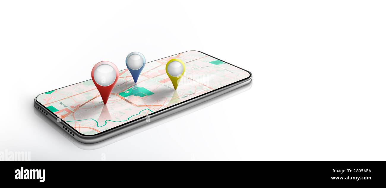 Navigazione su mappa e geolocalizzazione sullo smartphone. Applicazione satellitare GPS con rosso o altro punto di riferimento sullo schermo. Mappa di ricerca per navigazione app con isolato Foto Stock