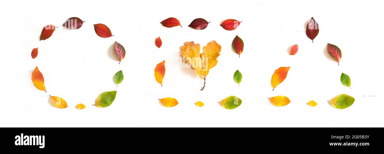 Geometria autunno, foglie di forme diverse, cerchio, quadrato con cuore di quercia e triangolo, banner. Foto di alta qualità Foto Stock