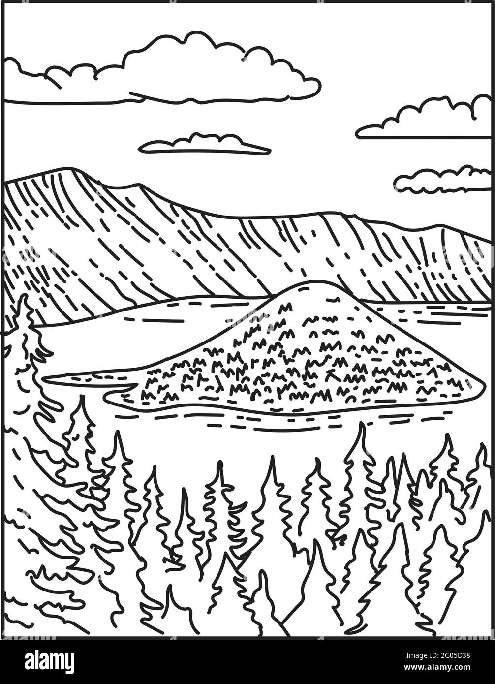 Illustrazione monolinea del Crater Lake all'interno del Crater Lake National Park situato nel centro-sud dell'Oregon, Stati Uniti d'America fatto in retro blac Illustrazione Vettoriale