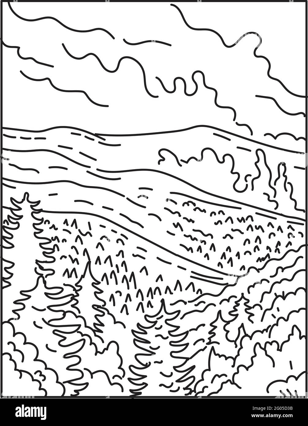 Illustrazione monolinea del Great Smoky Mountains National Park tra il confine North Carolina e Tennessee, Stati Uniti d'America fatto in retrò Illustrazione Vettoriale