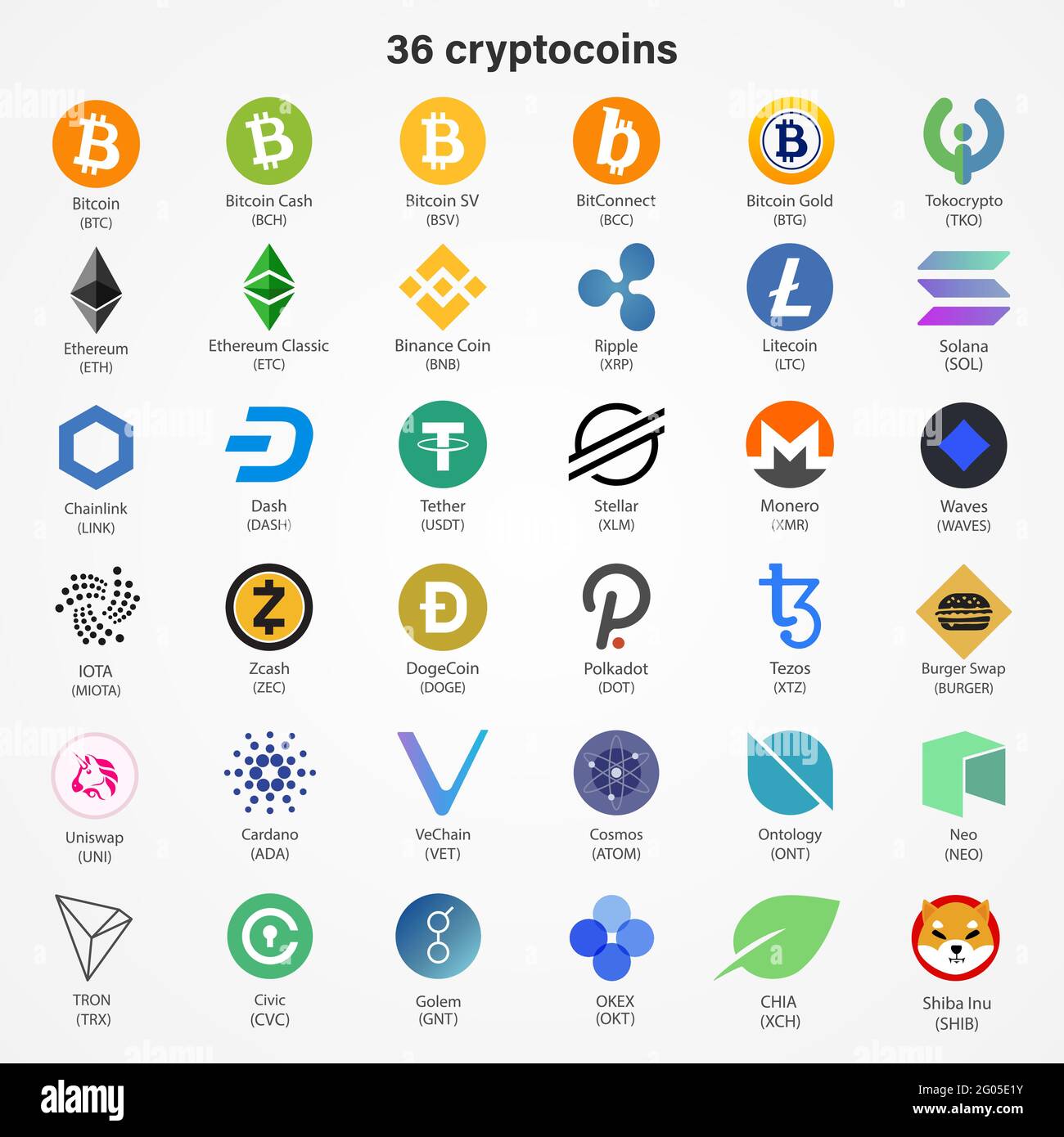 Icone di monete vettoriali a criptovaluta isolate su sfondo bianco. Illustrazione Vettoriale
