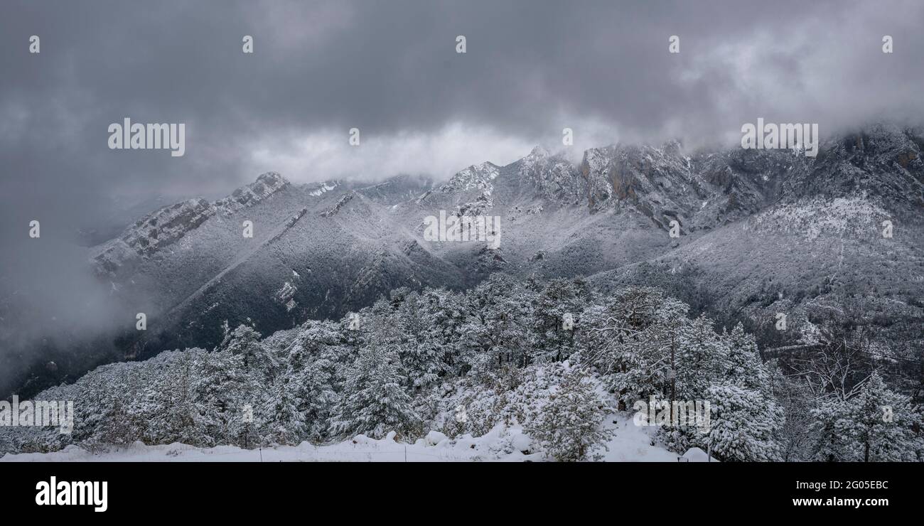 Alt Berguedà montagne viste dal Colle de Pal durante una nevicata invernale (Parco Naturale Cadí-Moixeró, Catalogna, Spagna, Pirenei) Foto Stock