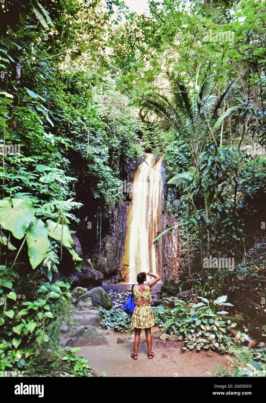 Anni '90 Santa Lucia (Caraibi orientali) - le Cascate del Diamante nei giardini botanici, oro colorato dai minerali nell'acqua ca. 1995-1999 Foto Stock