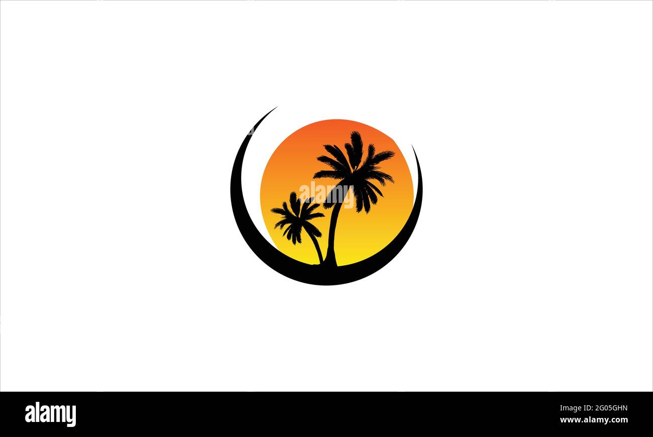 Albero alla spiaggia tramonto in estate logo illustrazione vettore di disegno simbolo del modello Illustrazione Vettoriale