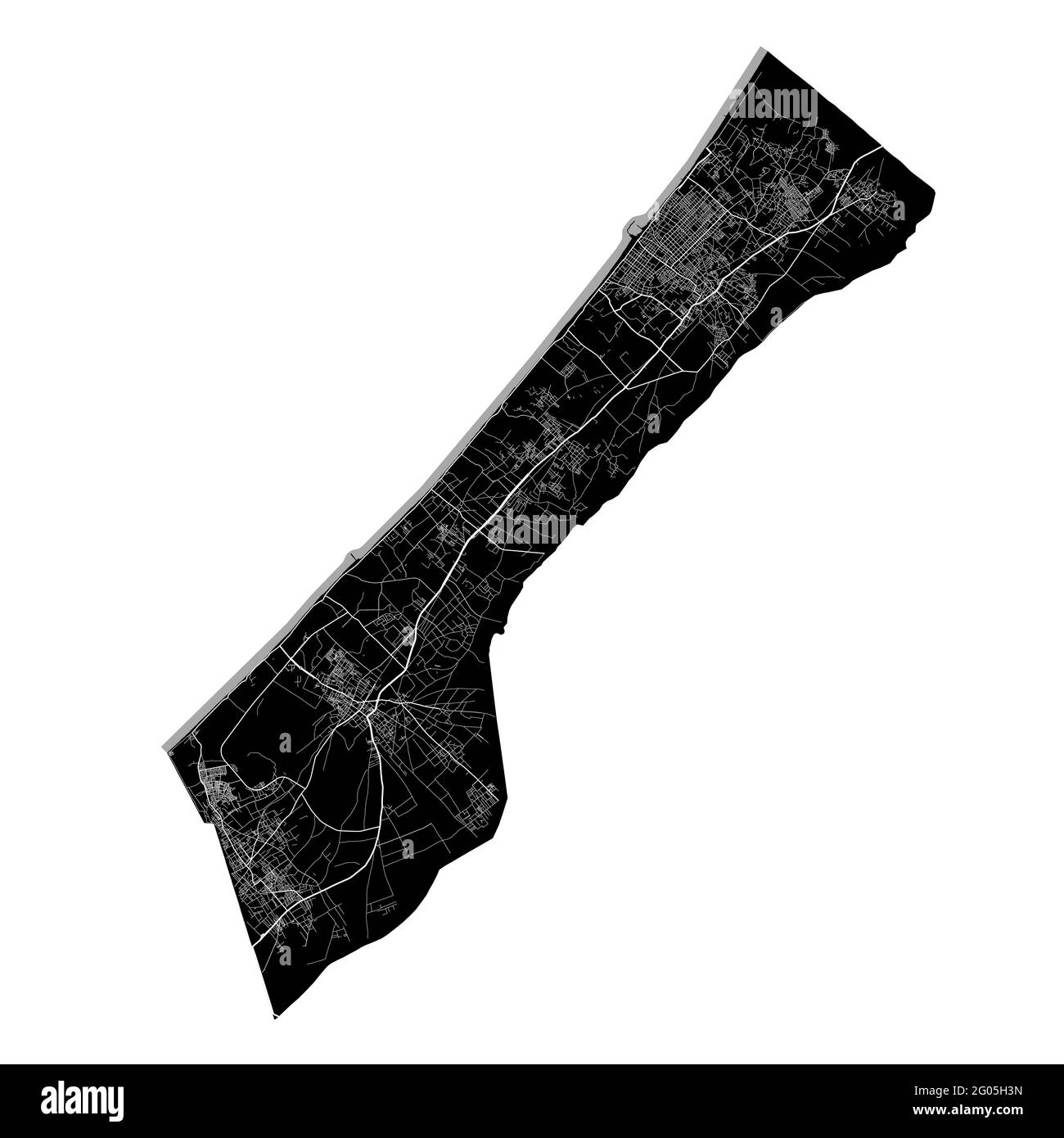 Mappa della striscia di Gaza. Mappa vettoriale dettagliata dell'area amministrativa della striscia di Gaza, vista aria metropolitana con poster terrestre. Terra nera con strade bianche, strade e AV Illustrazione Vettoriale