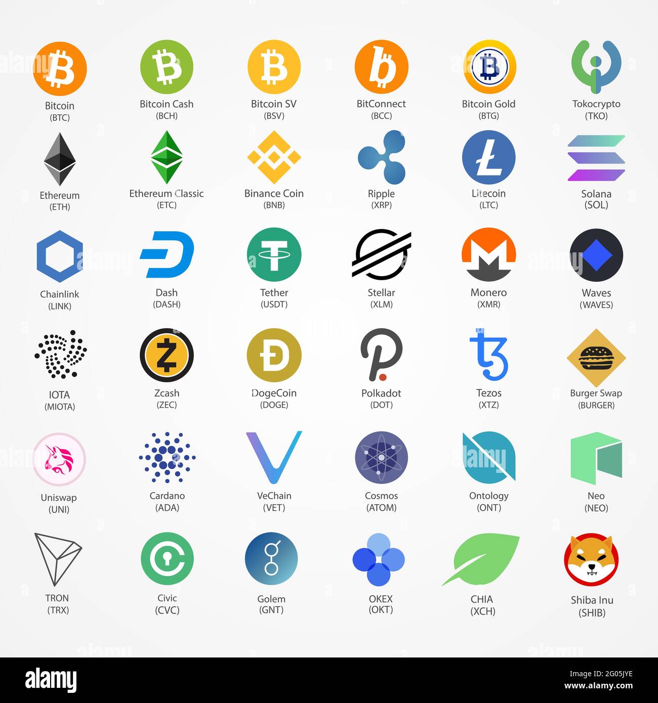 Icone di monete vettoriali a criptovaluta isolate su sfondo bianco. Illustrazione Vettoriale