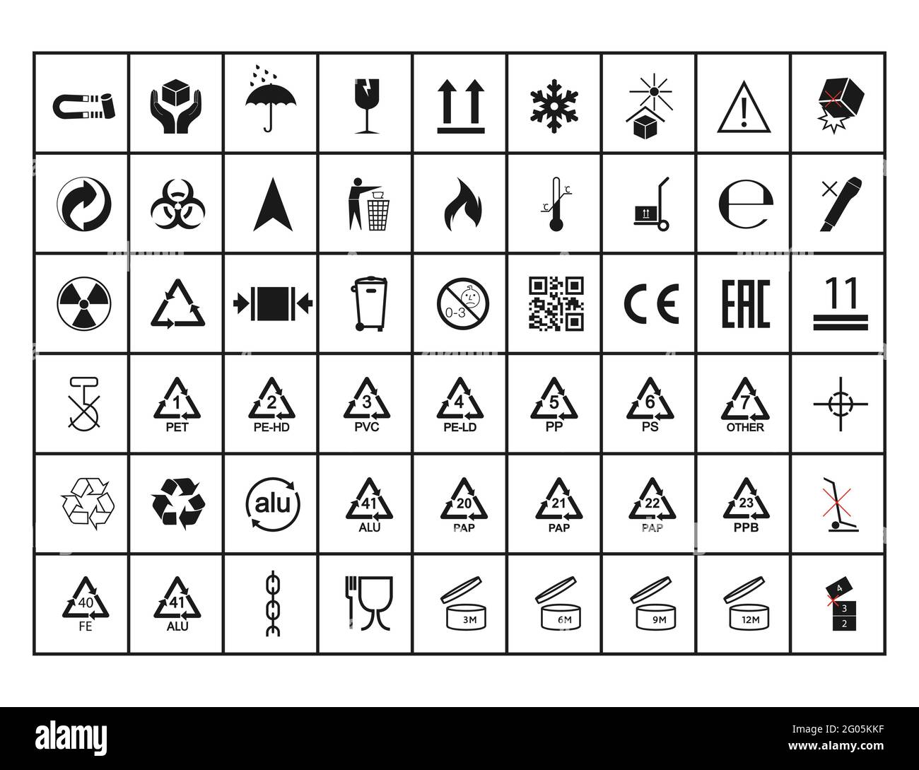 Set di simboli di imballaggio. Illustrazione vettoriale. piatta Illustrazione Vettoriale