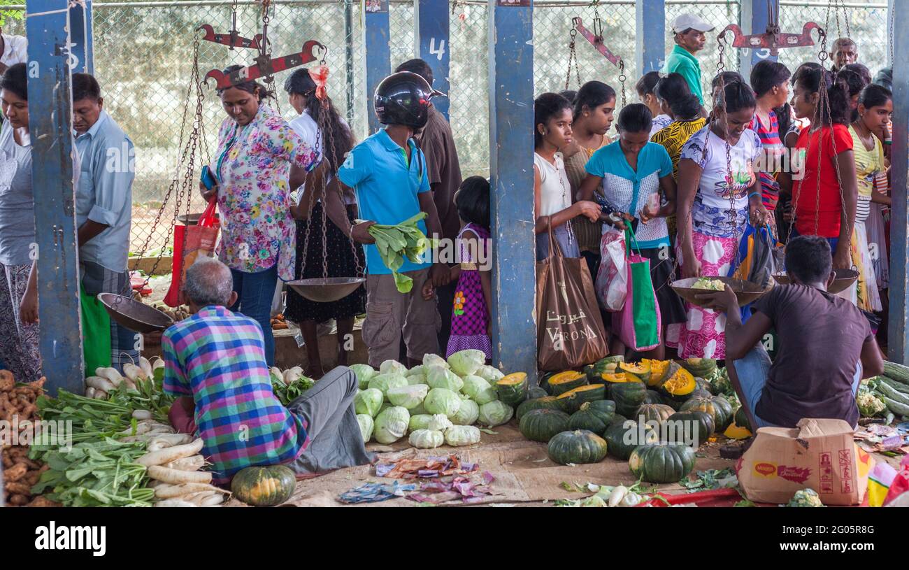 I clienti dello Sri Lanka si sono affollati intorno a un'affollata bancarella di verdure al mercato, Hikkaduwa, Provincia del Sud, Sri Lanka Foto Stock