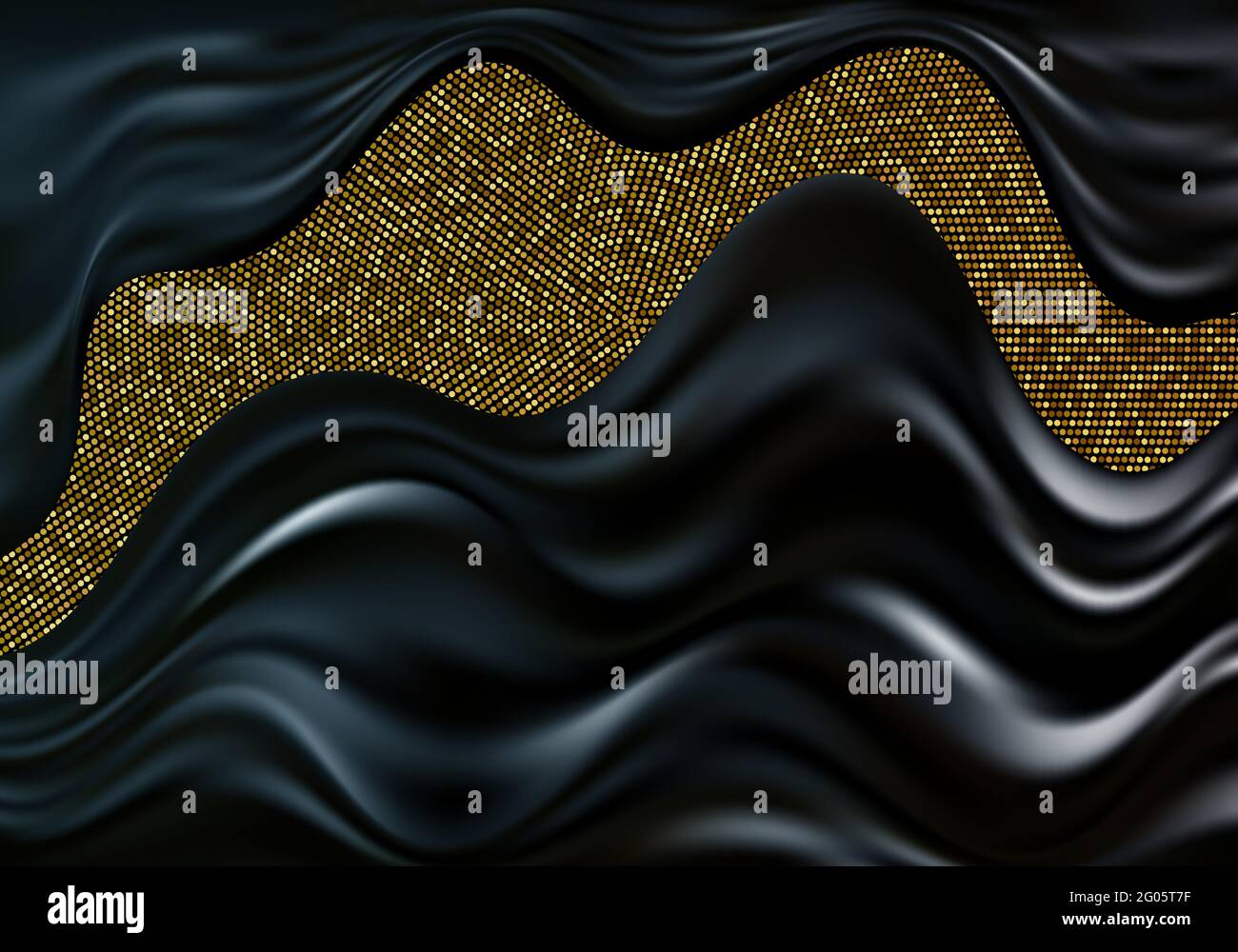 Lussuosa astrazione ondulata con effetto mezze tonalità oro. Sfondo trendy con materiale nero ondulato. Illustrazione Vettoriale