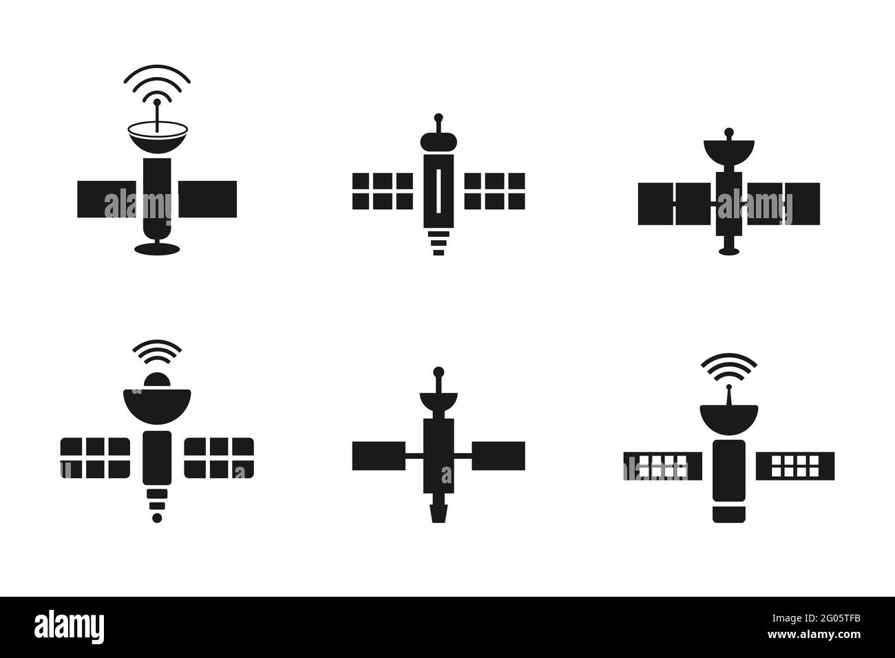 Set di icone satellite. Raccolta di vari satelliti. Idea di comunicazione globale. Oggetto artificiale che orbita la Terra. GPS, mappa, navigazione. Vettore, piatto Illustrazione Vettoriale