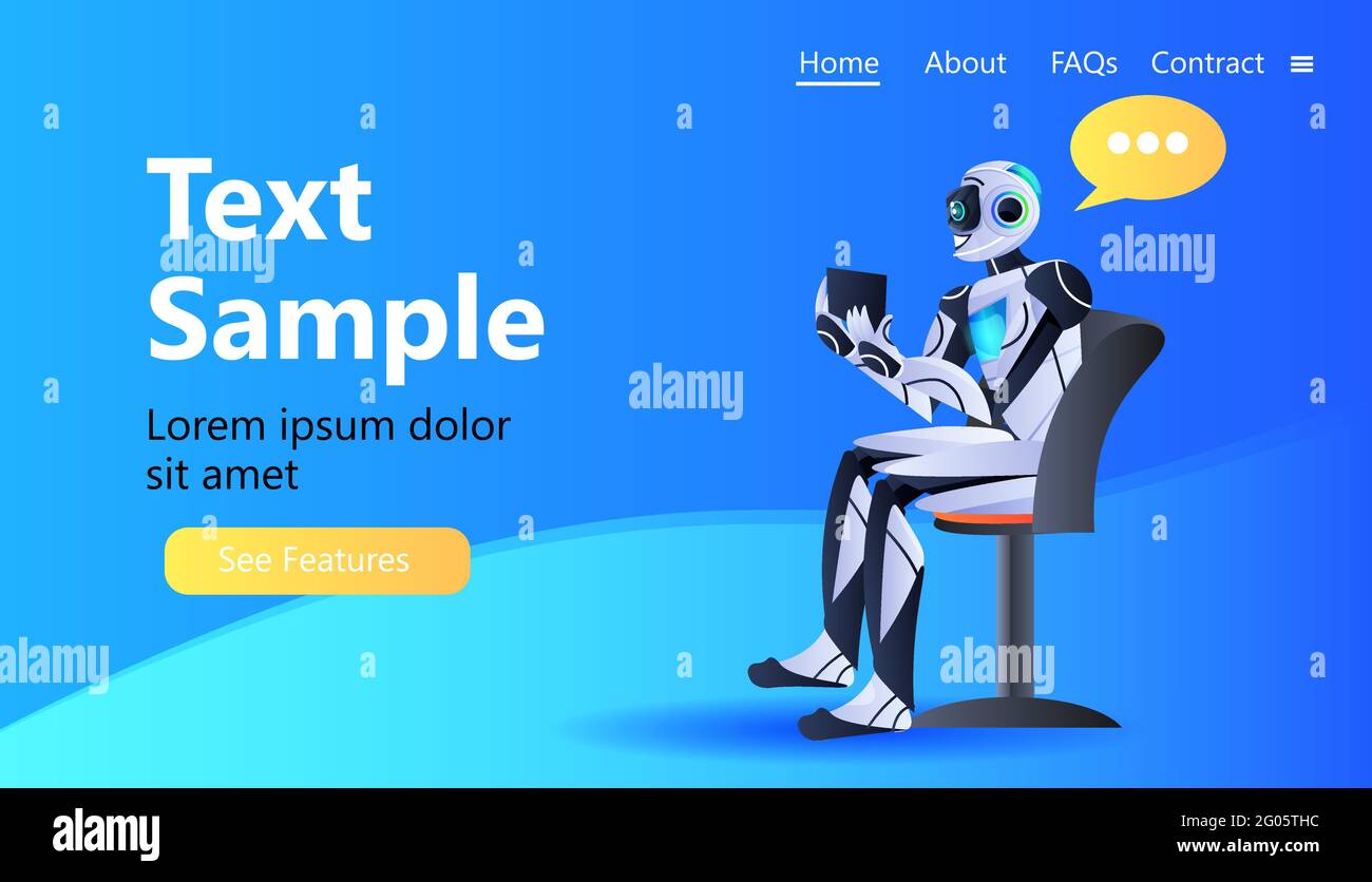 robot chatbot assistant utilizzando tablet pc moderno personaggio robotico con tecnologia di intelligenza artificiale della bolla di chat Illustrazione Vettoriale