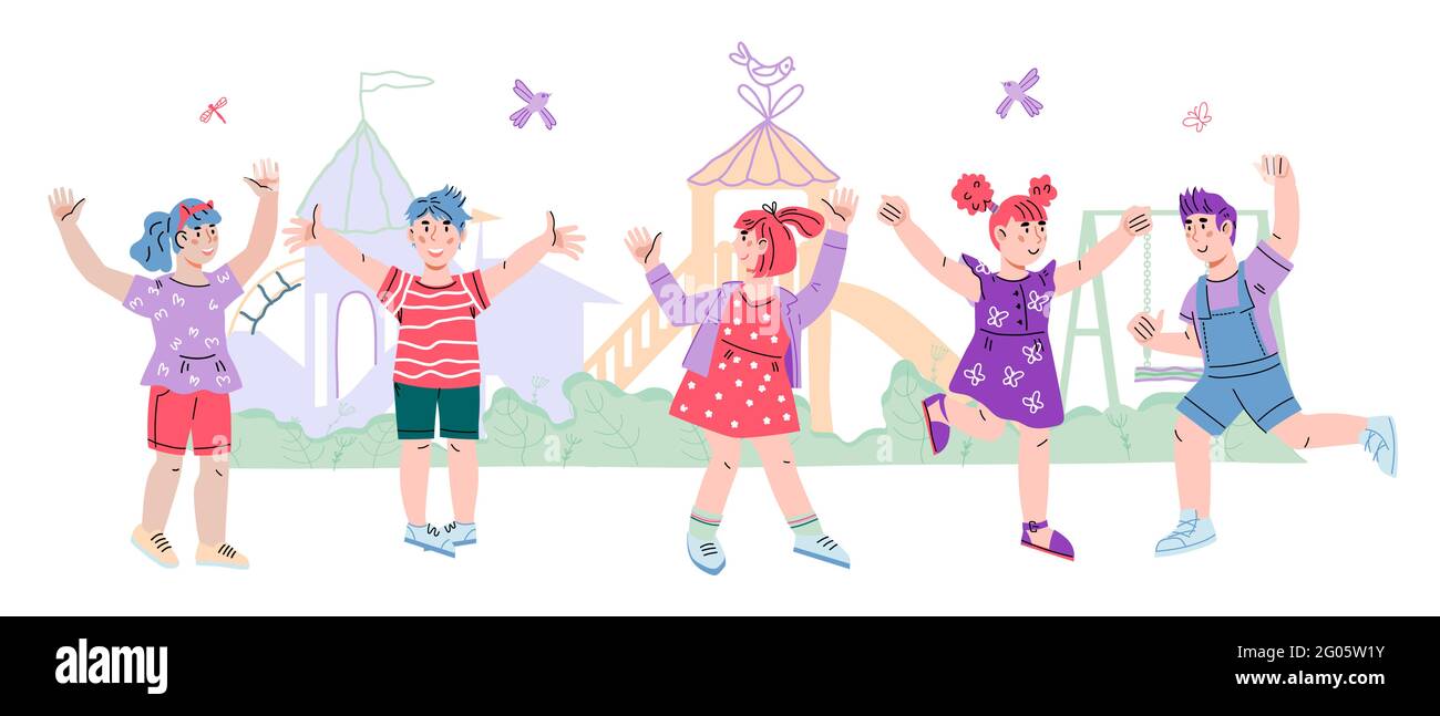 Banner estivo per bambini con bambini e ragazze carini al parco giochi o parco divertimenti. Sfondo per campo estivo, asilo o parco giochi, vettore cartoon Illustrazione Vettoriale