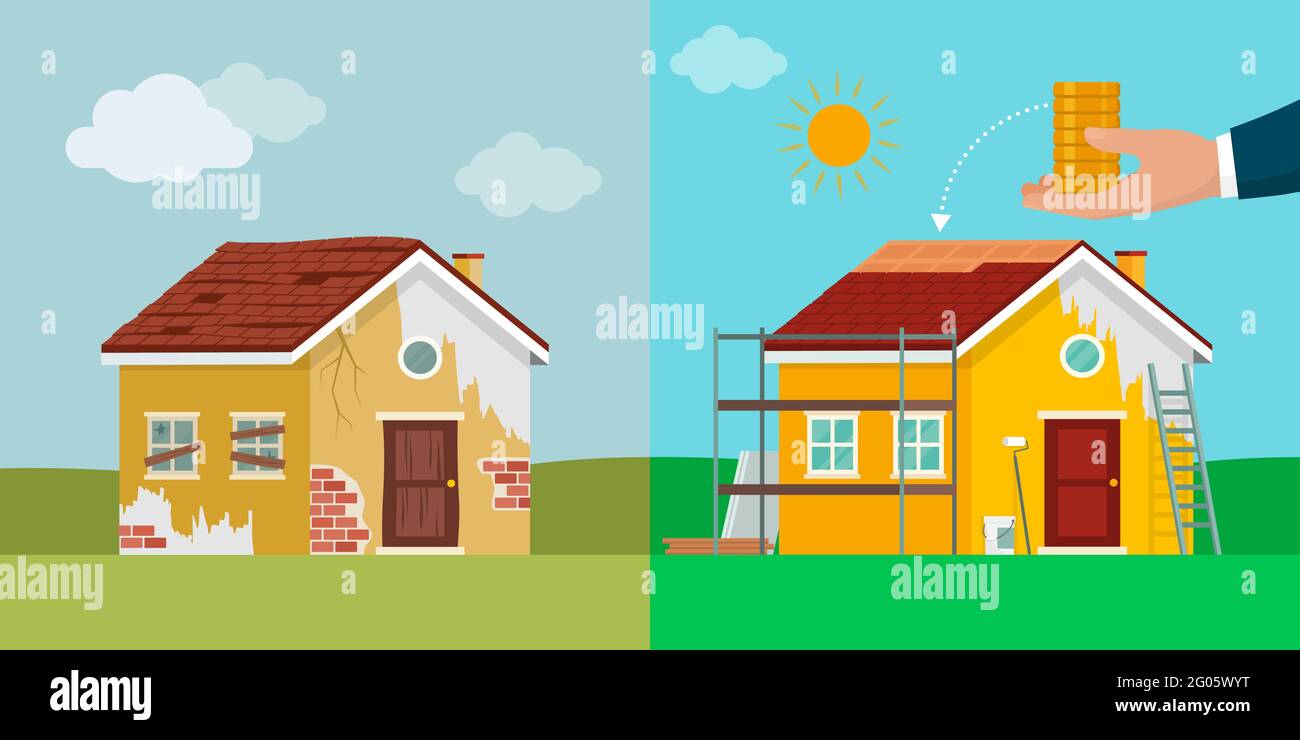 Ristrutturazione domestica e investimenti, ristrutturazione della casa prima e dopo Illustrazione Vettoriale