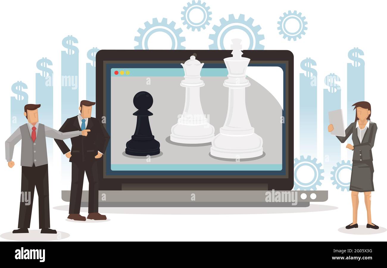 Uomini d'affari che pianificano e si muovono con la strategia di figura di scacchi giocare online. Concetto di strategia, gestione o leadership. Illustrazione vettoriale. Illustrazione Vettoriale