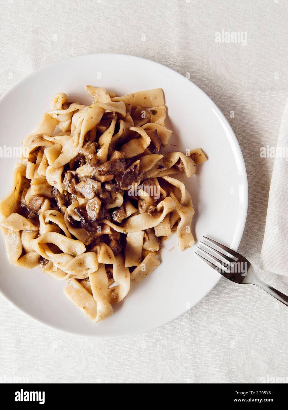 Fettuccine di pasta fatta a mano con funghi porcini biologici, ristorante il Giardino di epicuro, giardino epicureo, Maratea, Basilicata, Italia, Europa Foto Stock