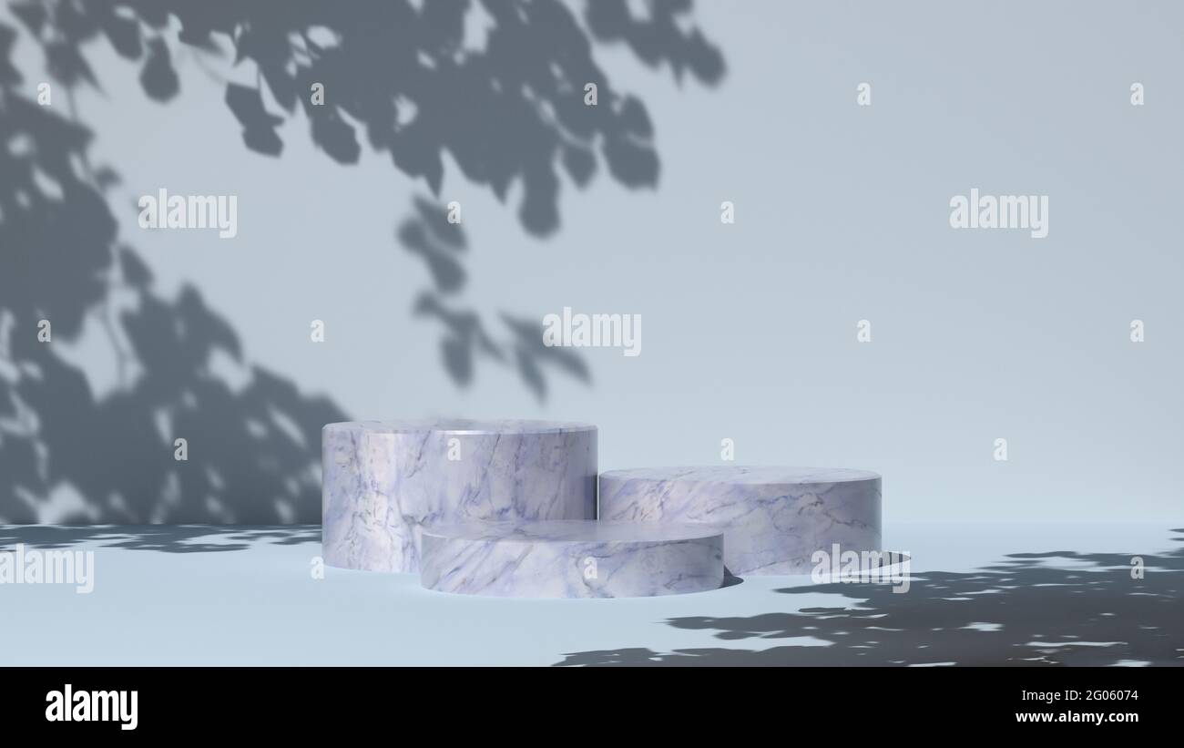 Il piedistallo in marmo è di colore blu. Illustrazione di passerelle con ombra dal fogliame di alberi. Sfondo estivo con tre piattaforme di pietra. 3D Foto Stock