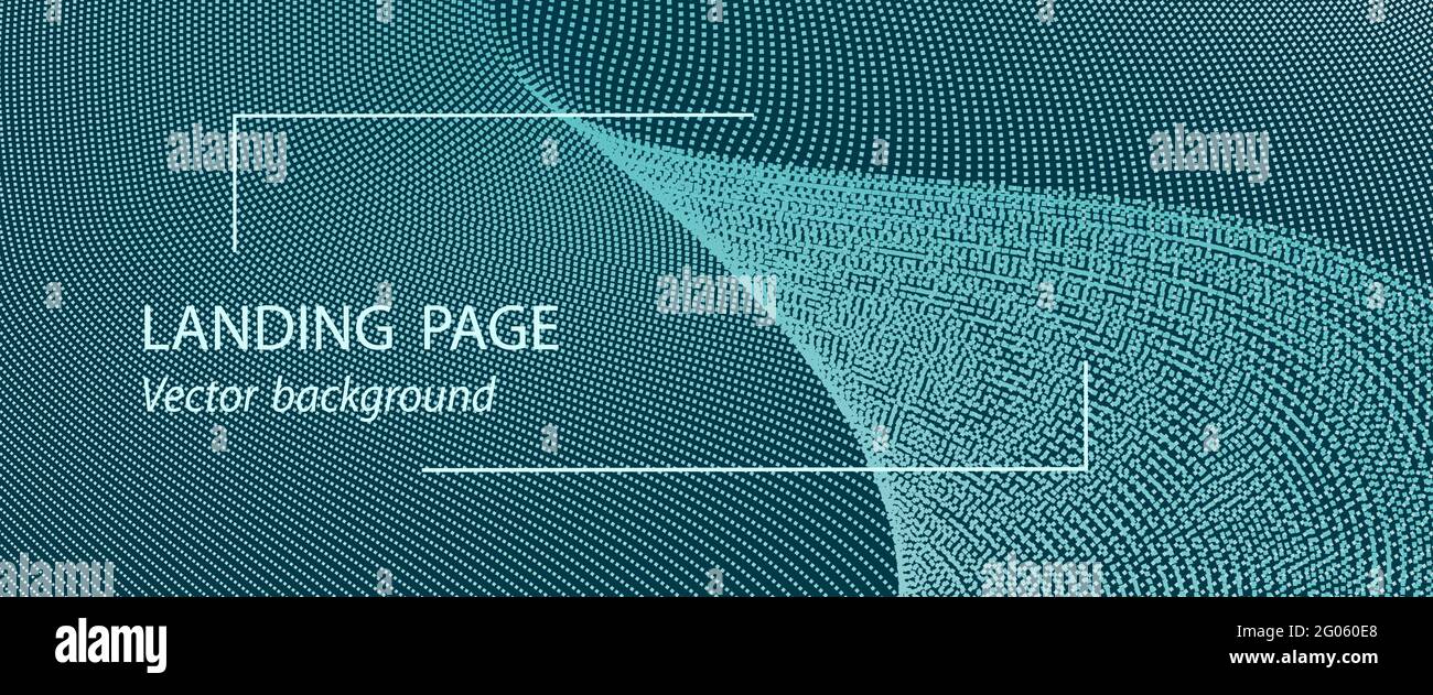 Pagina di destinazione turchese, modello di banner. Sfondo testurizzato, particelle chiare. Linea punteggiata vettoriale. Modello d'onda, concetto di dati digitali. Disegno astratto Illustrazione Vettoriale