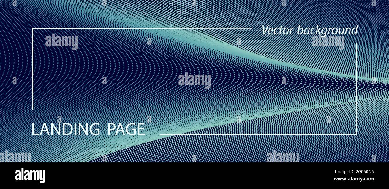 Pagina di destinazione blu marino, modello di banner. Concetto di cyberspazio. Curve puntate astratte. Sfondo scuro, punti al neon. Disegno vettoriale, modello op art. EPS10 Illustrazione Vettoriale