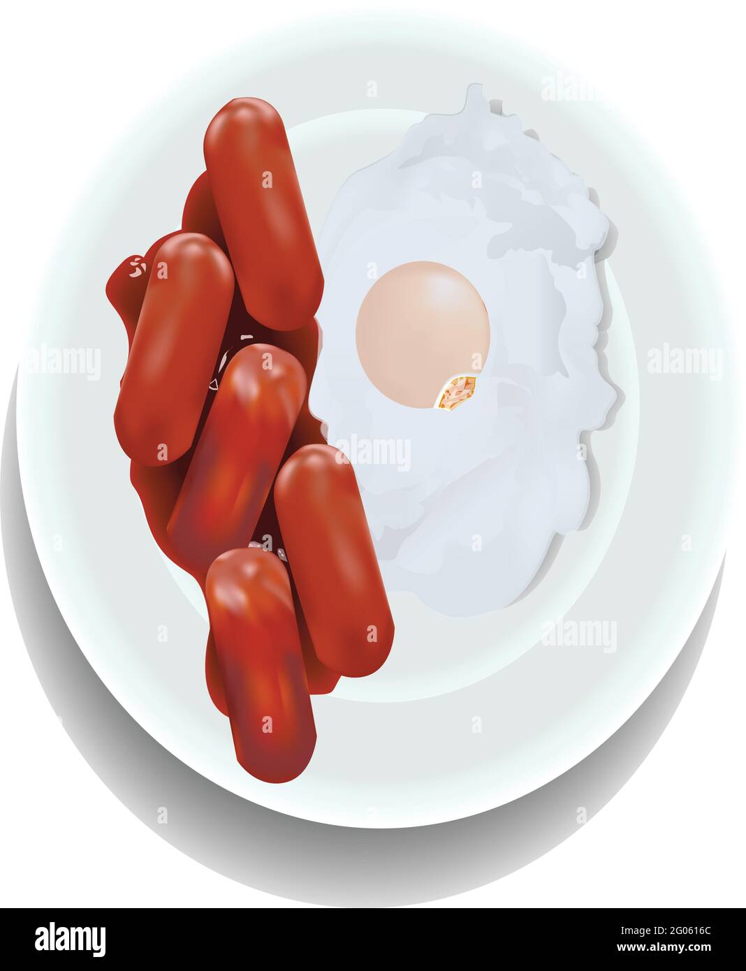 Le salsicce si mescolano fritte con salsa di pomodoro e uova fritte sulla piastra Illustrazione Vettoriale