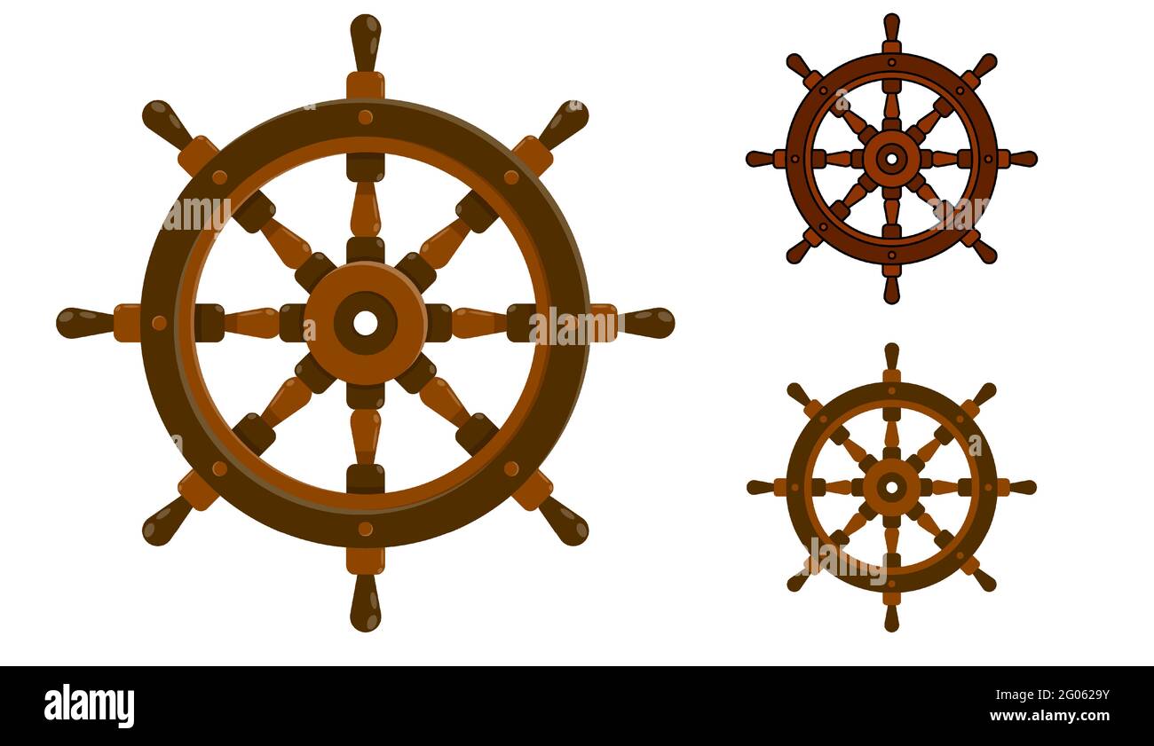 Icona della nave sul volante, barca da pesca. Gestione yacht in mare. Vettore a colori piatto con tratto in stili diversi Illustrazione Vettoriale