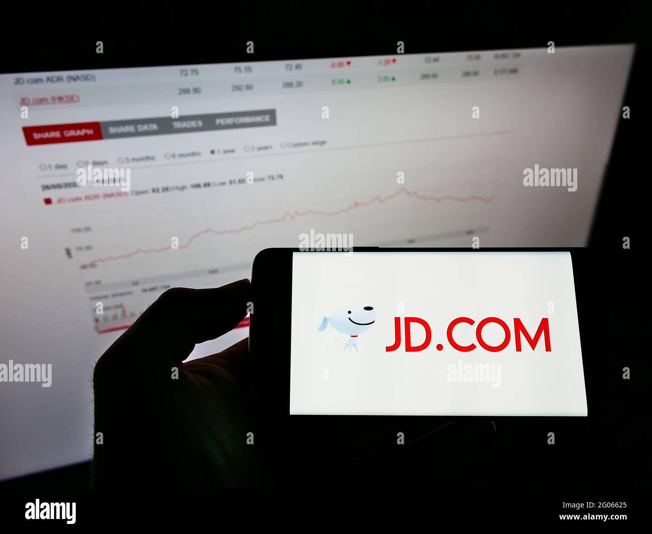 Persona che tiene il cellulare con il logo della società cinese di e-commerce JD.com Inc. Sullo schermo di fronte al sito web con la tabella di stock. Mettere a fuoco il display del telefono. Foto Stock