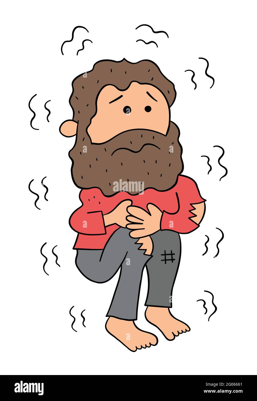 Cartone animato uomo senza casa freddo e tremante, illustrazione vettoriale. Contorno nero e colorato. Illustrazione Vettoriale