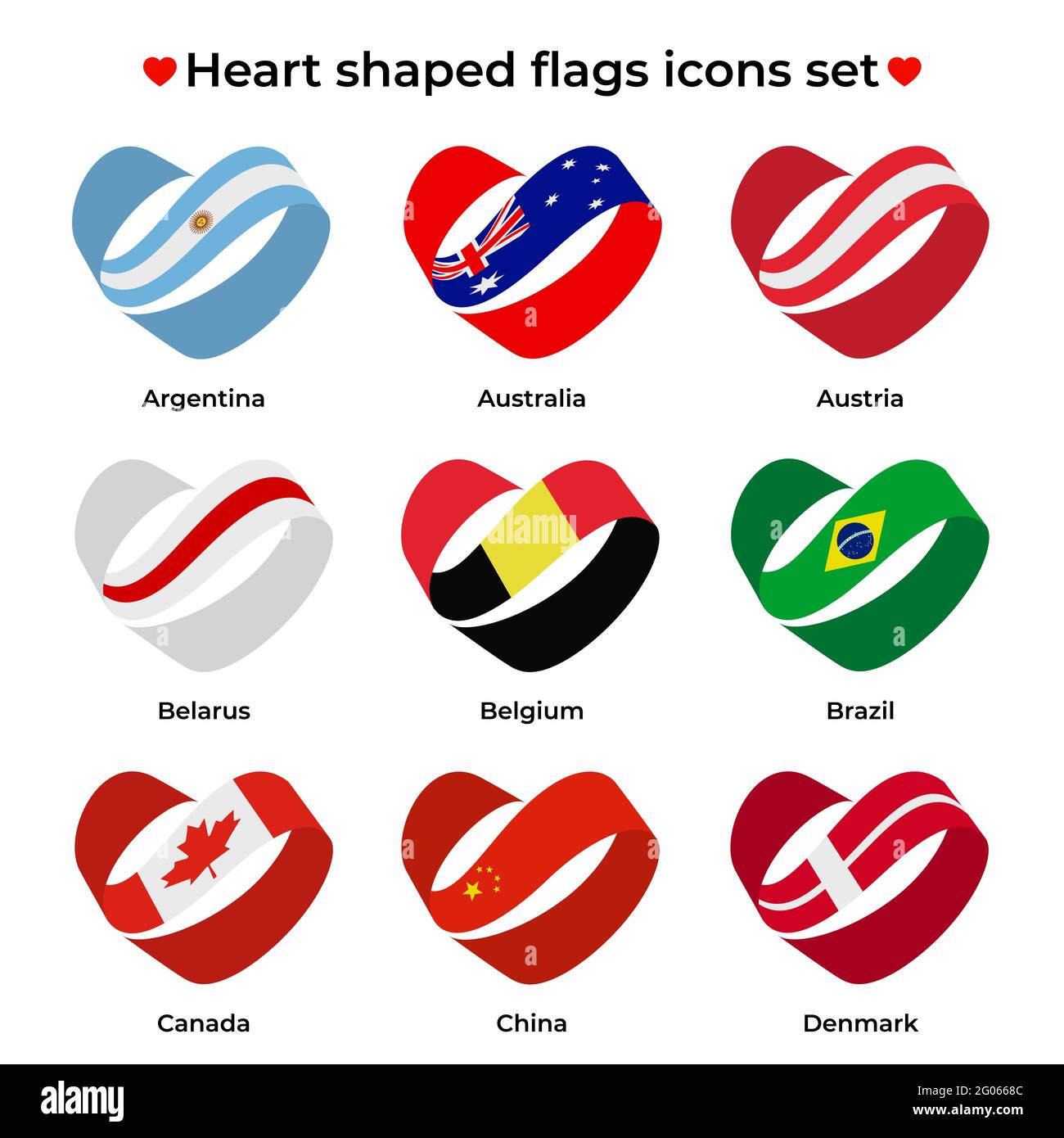 Set di icone di bandiere a forma di cuore. Flag icona da ricci nastro. Icona vettore, simbolo, pulsante. Illustrazione in stile piatto Illustrazione Vettoriale