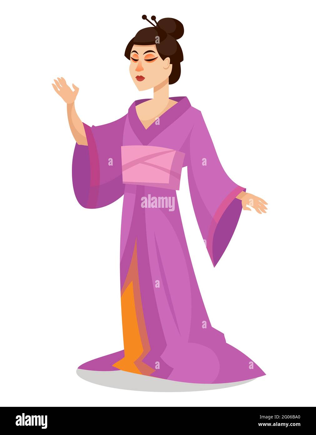 Danza bella geisha. Personaggio giapponese femminile in stile cartoon. Illustrazione Vettoriale