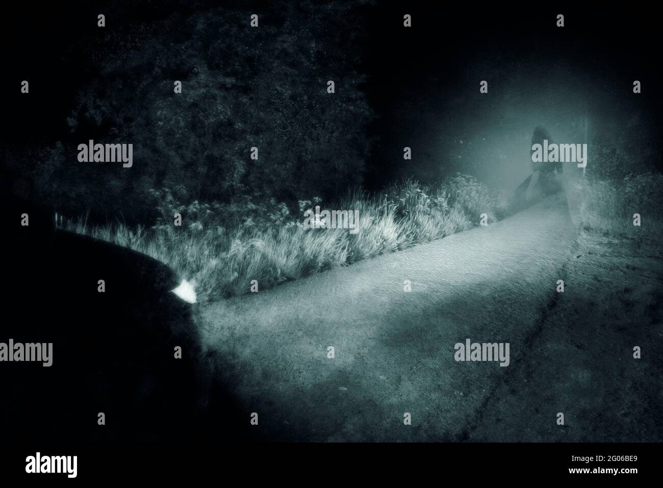 Un concetto spooky. Di una donna fuori fuoco, ghostly offuscata che indossa un vestito, catturato in auto fari su una strada di campagna di notte. Con grunge, vinta Foto Stock