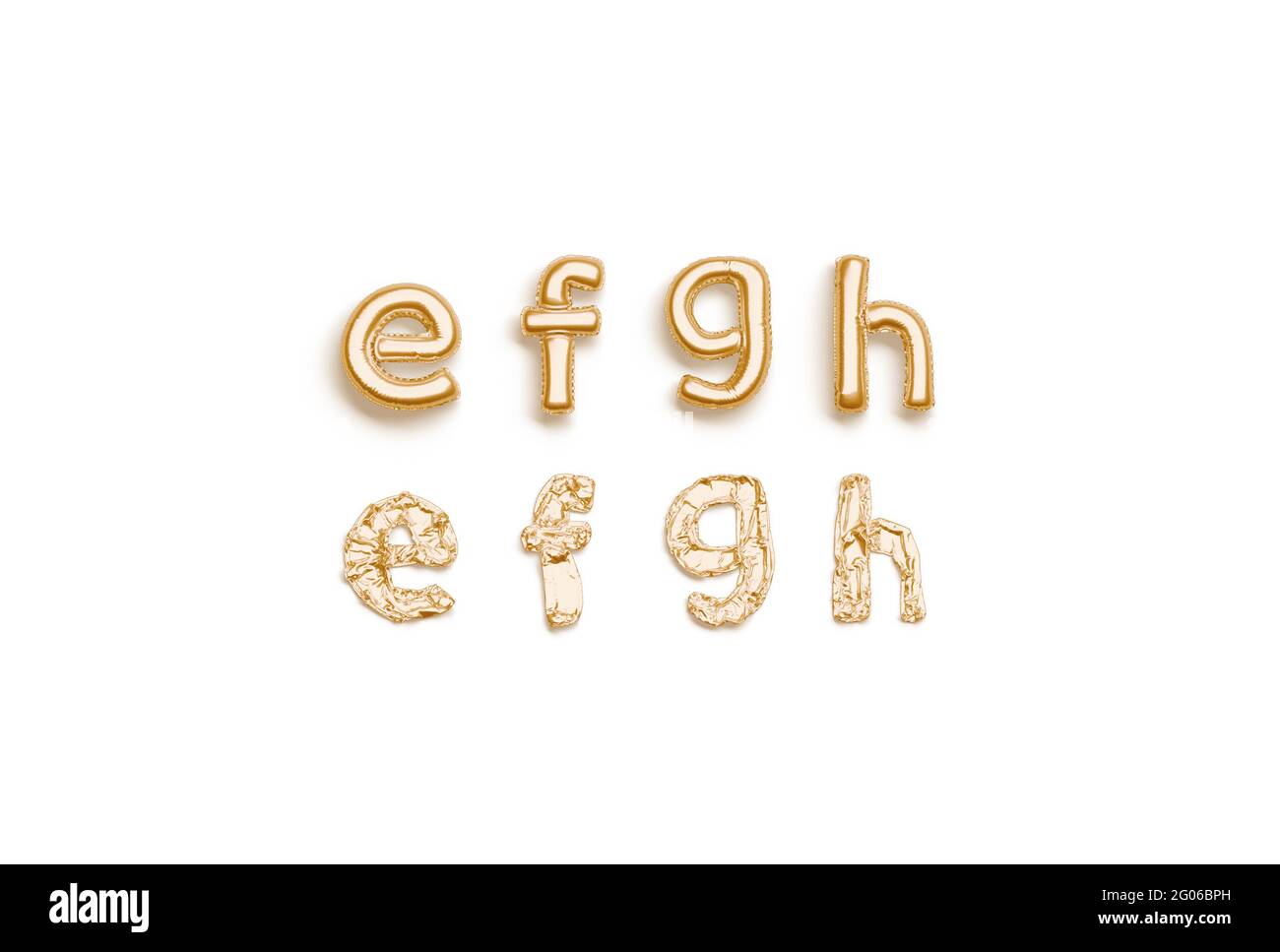 Lettere in oro sgonfio e f g h, carattere bollatura, rendering 3d. Scritta in mylar dorata per logo decorativo. Lettera minuscola per l'anniversario Foto Stock