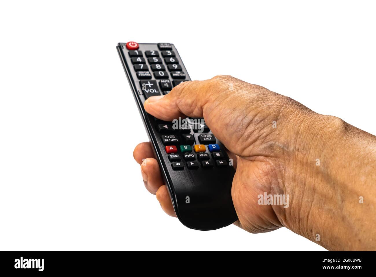 Vista della mano del vecchio uomo premere il tasto sul telecomando del  televisore per selezionare il programma televisivo su sfondo bianco  contiene il tracciato di ritaglio Foto stock - Alamy