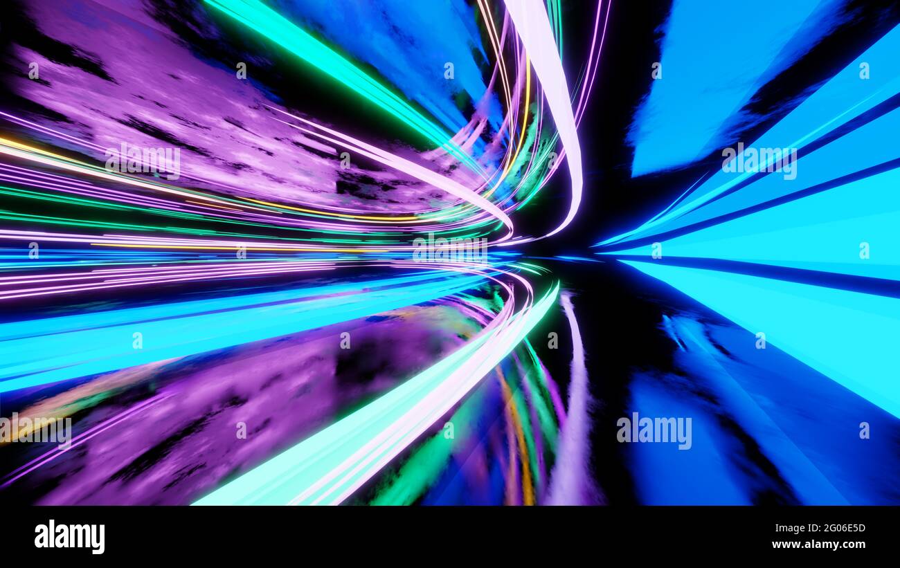 rendering 3d, linee incandescenti, riflessione, sfondo astratto Foto Stock