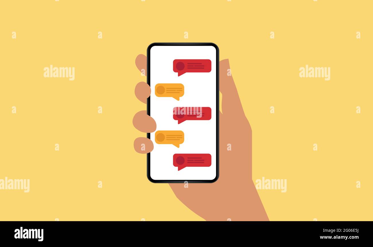 Tenere lo smartphone con le bolle di testo sullo schermo. Illustrazione Vettoriale