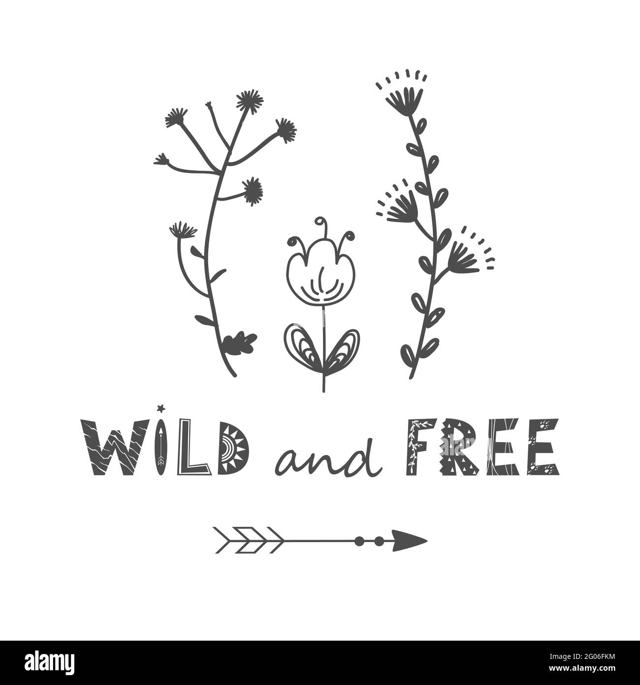 Fiori floreali moscali illustrazione vettoriale con caratteri Wild e Free. Scandinavian meadow fiore mazzo clip art isolato su bianco. Estate decorativa Illustrazione Vettoriale