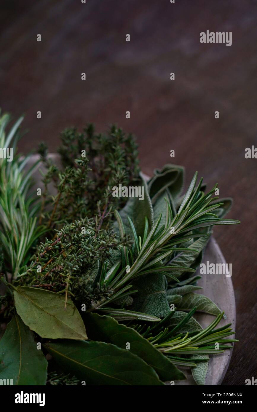 Coriandolo fresco, salvia, timo, rosmarino, alloro e menta in un piatto di ceramica su sfondo marrone di legno, spazio copia Foto Stock