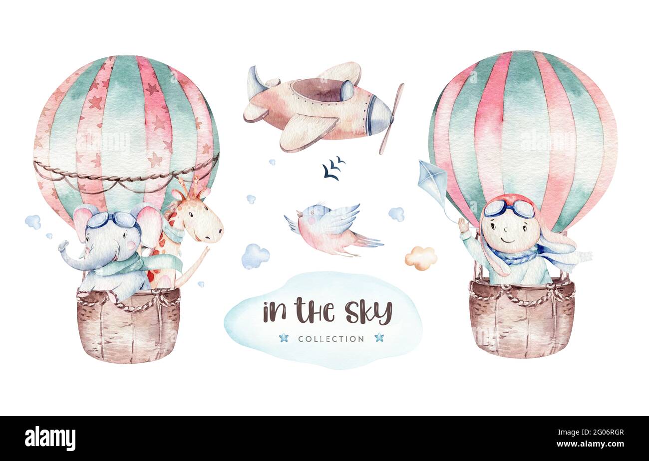 Acquerello set di palloncino baby Cartoon carino aviazione pilota illustrazione. sky palloncini di trasporto con giraffe ed elefanti, koala, orso e bird, cloud. c Foto Stock