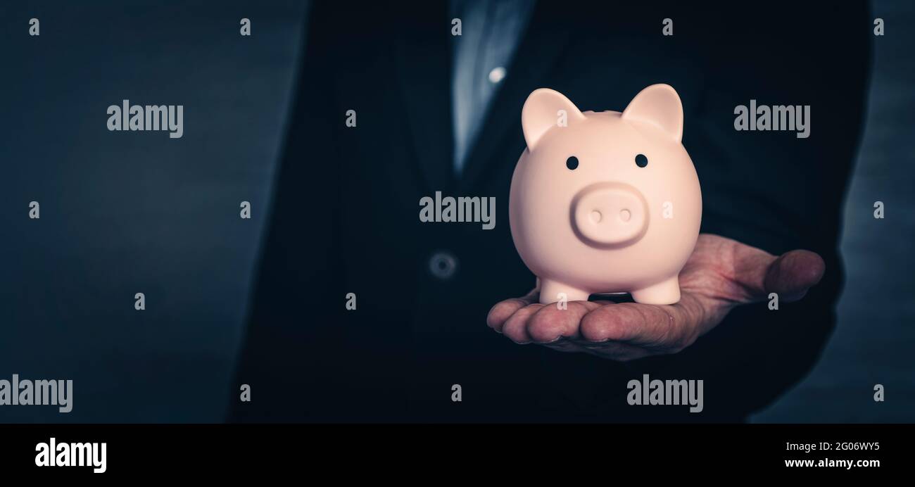 Piggy Bank, risparmio, valuta. Il concetto di risparmio di denaro. Spazio di copia Foto Stock