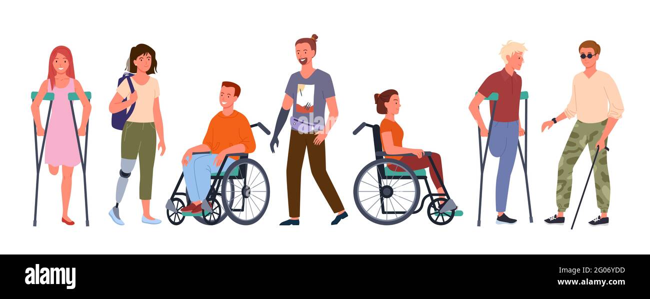 Set di illustrazioni vettoriali persone con handicap disabilitato. Cartoon sorridente uomo e donna pazienti portatori di handicap personaggi in fila, seduti in sedia a rotelle Illustrazione Vettoriale