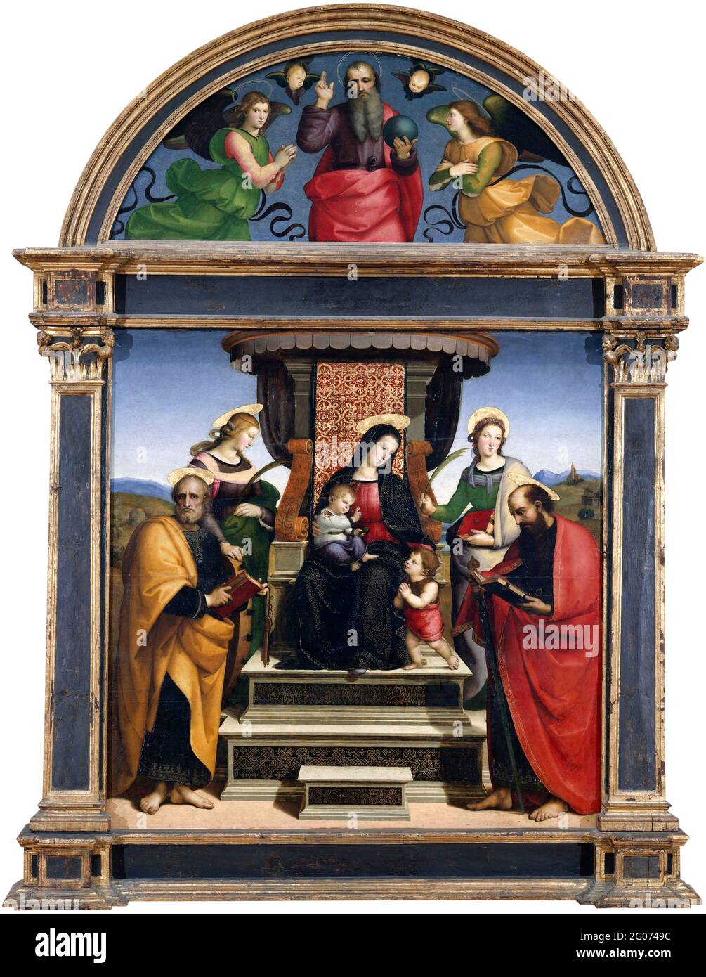 Raffaello. Madonna con Bambino e Santi intronati di Raffaello Sanzio da Urbino (1483–1520), olio e oro su legno, c. 1504. Foto Stock