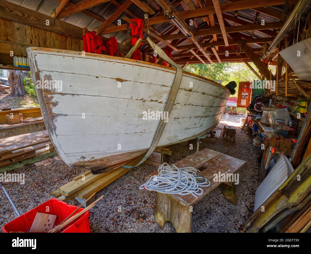 Cantiere navale Pioneer presso lo storico museo Spanish Point e complesso ambientale di Osprey, Florida. STATI UNITI Foto Stock