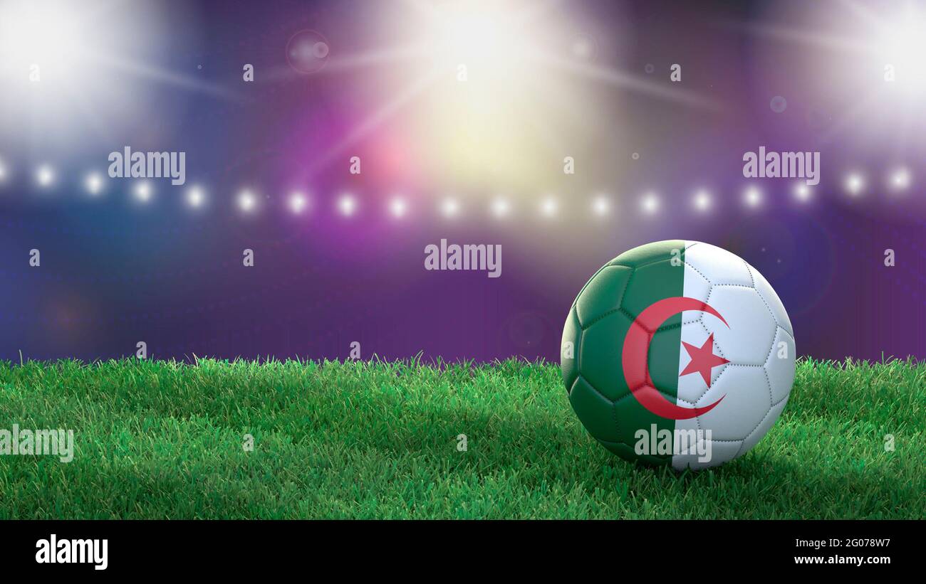 Palla di calcio in colori bandiera su uno sfondo luminoso e sfocato stadio. Algeria. Immagine 3D Foto Stock