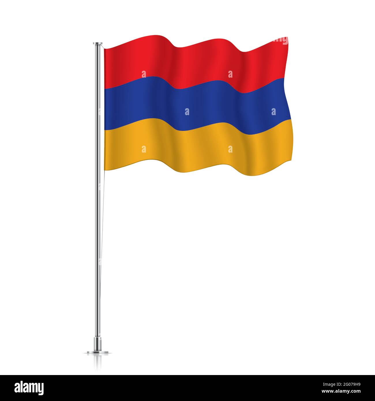 Bandiera armena che oscilla su un palo metallico. La bandiera ufficiale dell'Armenia, isolata su sfondo bianco. Illustrazione Vettoriale