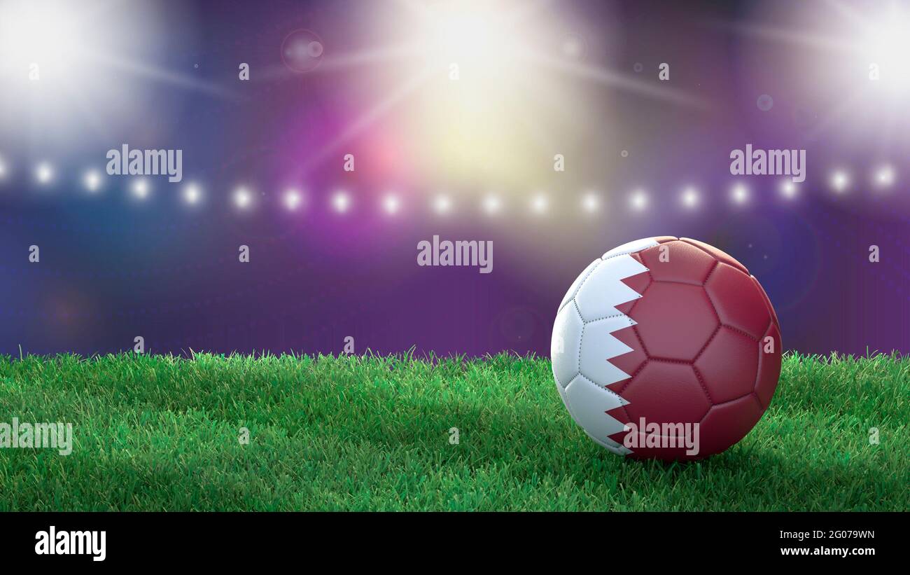 Palla di calcio in colori bandiera su uno sfondo luminoso e sfocato stadio. Qatar. Immagine 3D Foto Stock