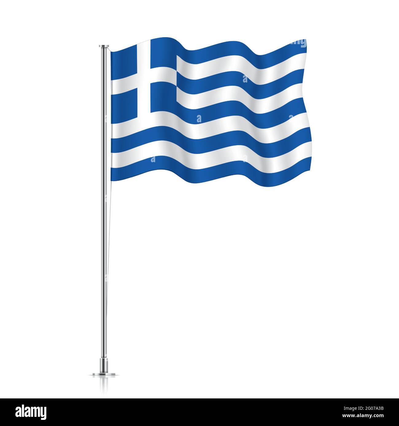 Bandiera greca che sventola su un palo metallico. La bandiera ufficiale della Grecia, isolata su sfondo bianco. Illustrazione Vettoriale