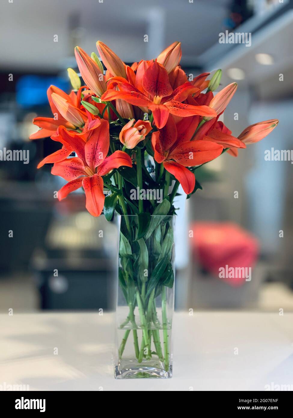 Verticale dei bellissimi gigli arancioni nel vaso di vetro sul tavolo Foto Stock